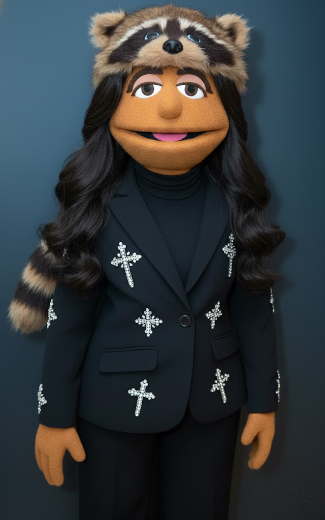 Jasmine Crockett Muppet wearing a coon skin cap